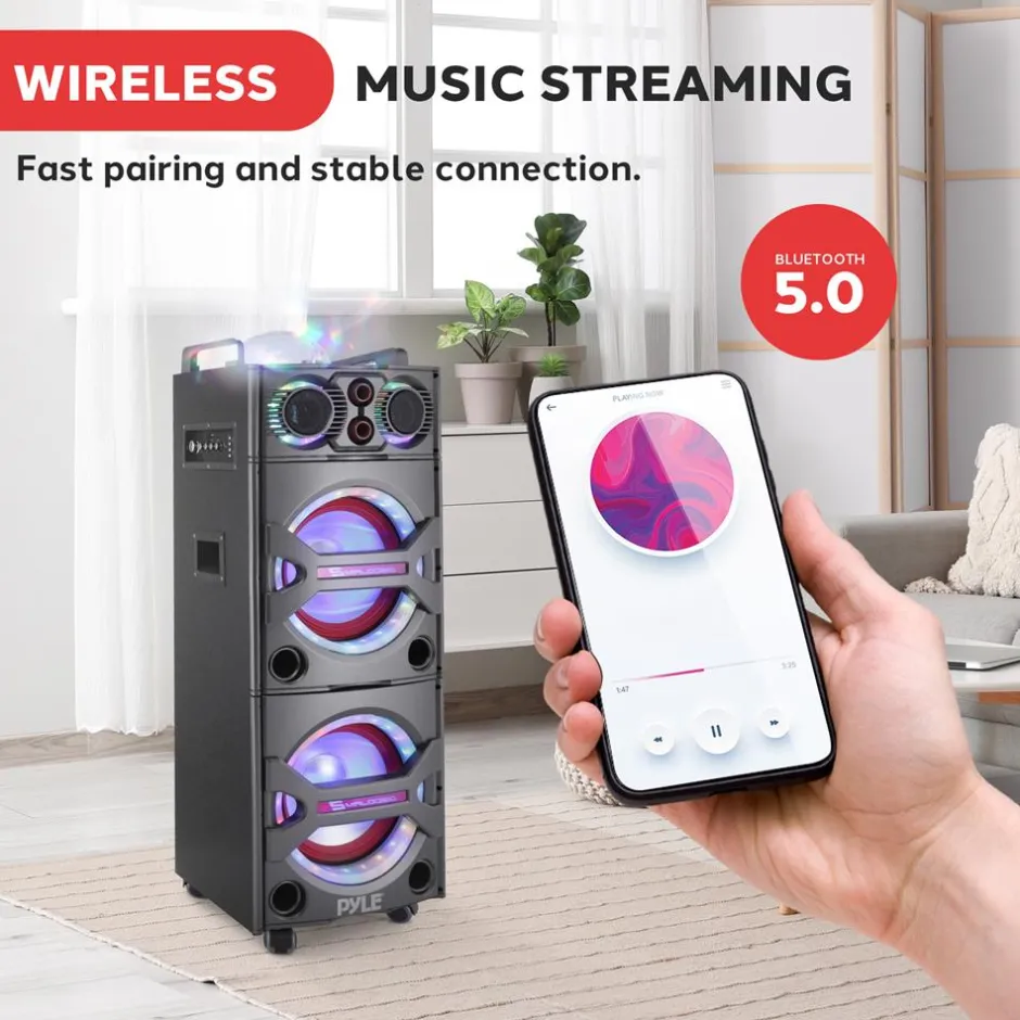 Portable Bluetooth PA Speaker 2000W, DJ Lights, Wireless Mic, USB/SD, Wheels<Pyle Sale