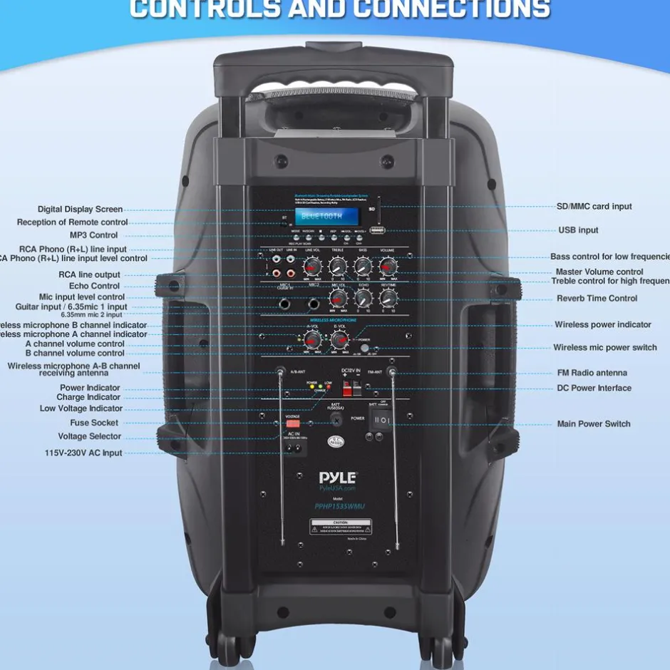 Portable Bluetooth PA Speaker 1600W Rechargeable Battery 15" w/ Mics<Pyle Outlet