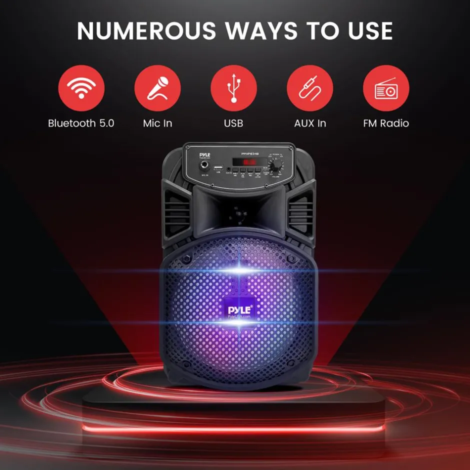 Portable Bluetooth PA Speaker 300W Rechargeable 8" Subwoofer Party Lights<Pyle Discount