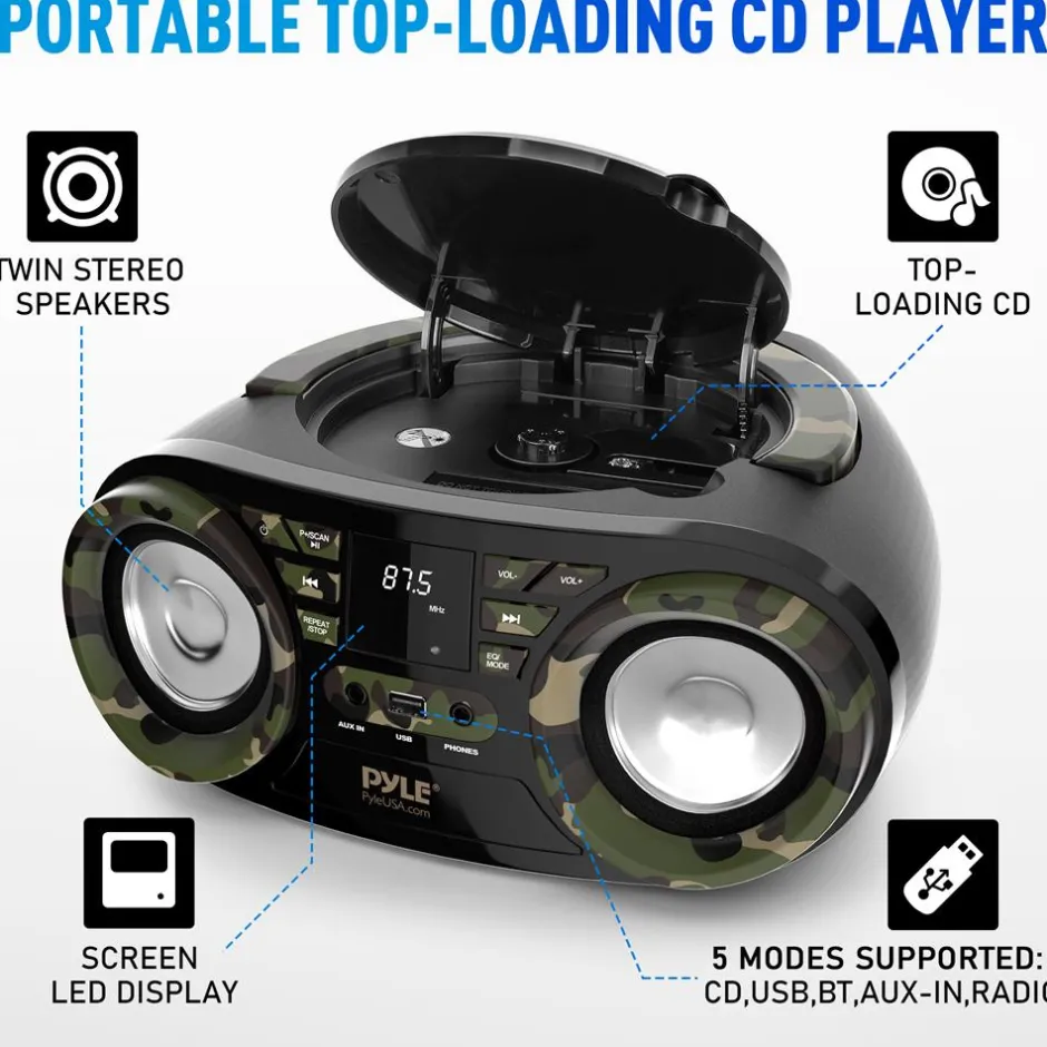 Portable CD Player Boombox, Bluetooth, 50W, Camouflage Design<Pyle Sale