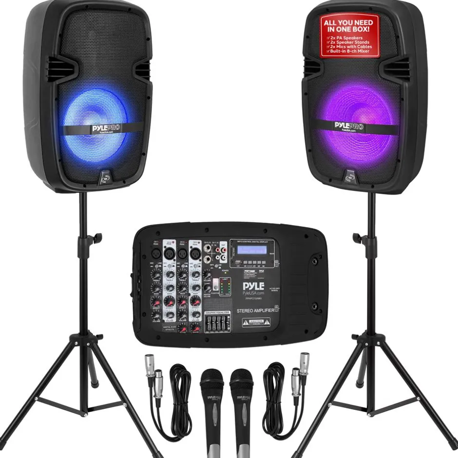 Portable PA Speaker DJ Mixer Bundle, 600W, Bluetooth, LED Lights, 10" Speakers<Pyle Clearance