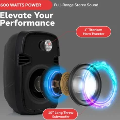 Portable PA Speaker DJ Mixer Bundle, 600W, Bluetooth, LED Lights, 10" Speakers<Pyle Clearance
