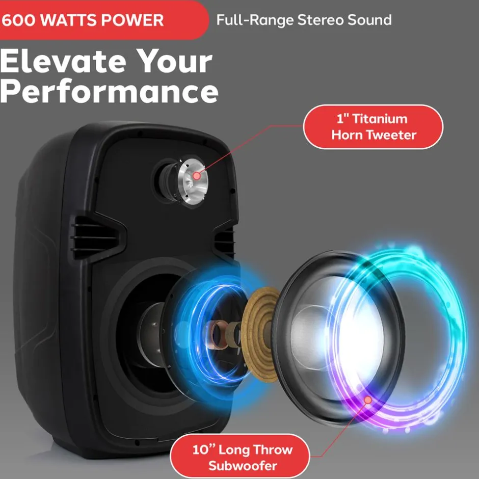 Portable PA Speaker DJ Mixer Bundle, 600W, Bluetooth, LED Lights, 10" Speakers<Pyle Clearance
