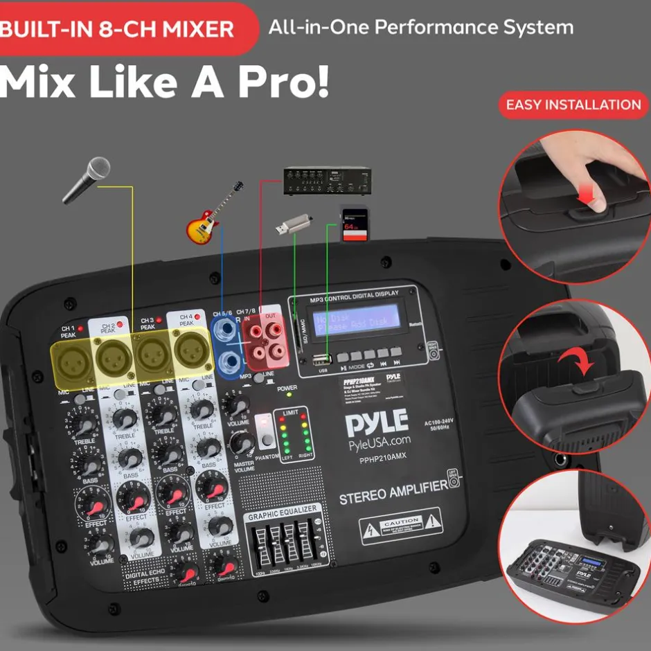 Portable PA Speaker DJ Mixer Bundle, 600W, Bluetooth, LED Lights, 10" Speakers<Pyle Clearance