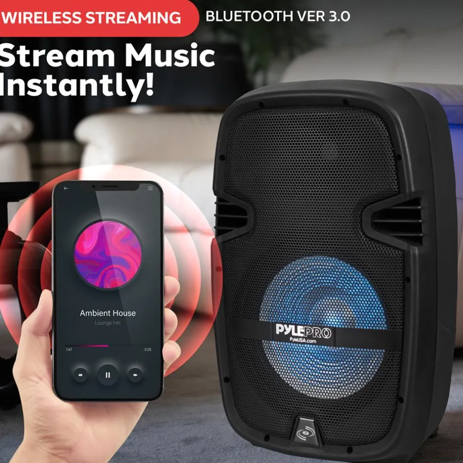 Portable PA Speaker DJ Mixer Bundle, 600W, Bluetooth, LED Lights, 10" Speakers<Pyle Clearance