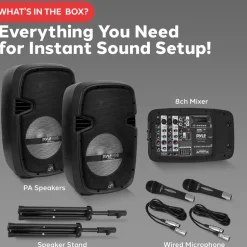 Portable PA Speaker DJ Mixer Bundle, 600W, Bluetooth, LED Lights, 10