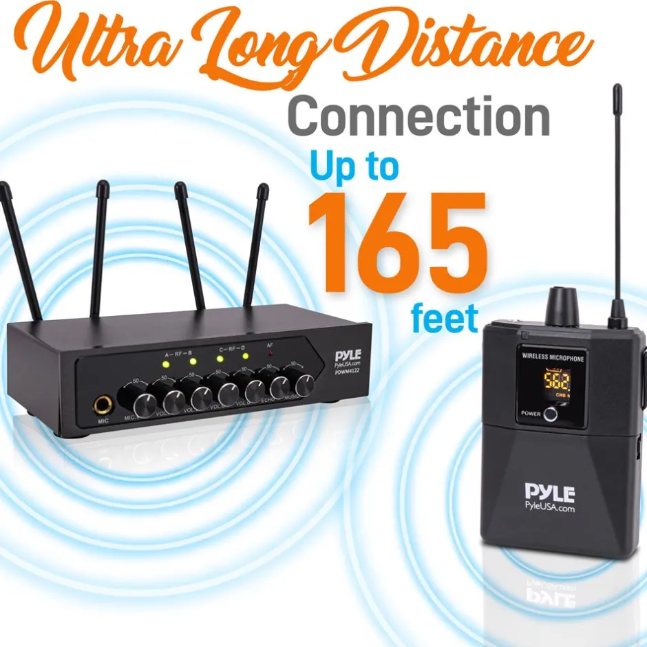 Portable UHF Wireless Mic System - 4 Mics, Bluetooth, Battery Operated<Pyle Clearance