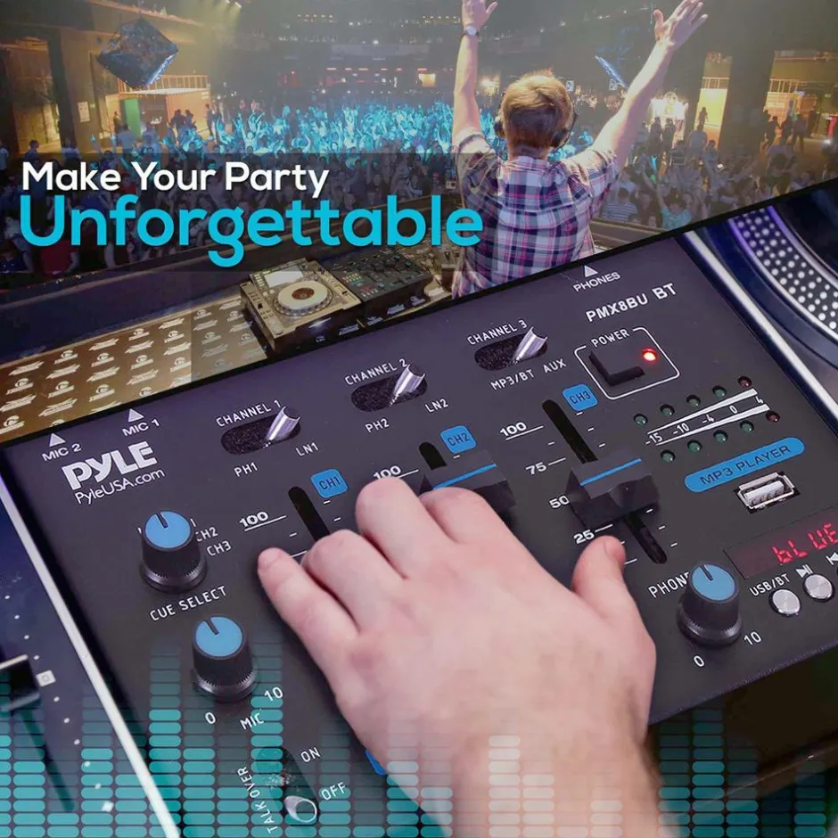 Professional 3-Channel Wireless DJ Mixer with Bluetooth, USB, and<Pyle Clearance