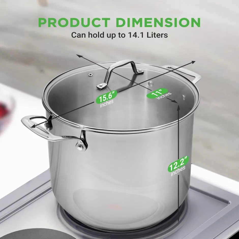 15-Quart Stainless Steel Stock Pot, Induction Safe, Tempered Glass Lid<NutriChef Online