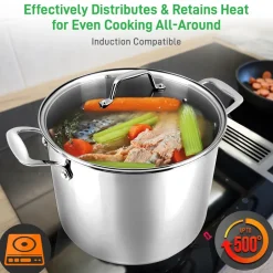 12-Quart Stock Pot, Even Heat, Stainless Steel, Tempered Glass Lid<NutriChef New