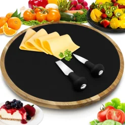 Rotating Cheese Board Set - Easy Serving - Acacia Wood & Slate Stone<NutriChef Best