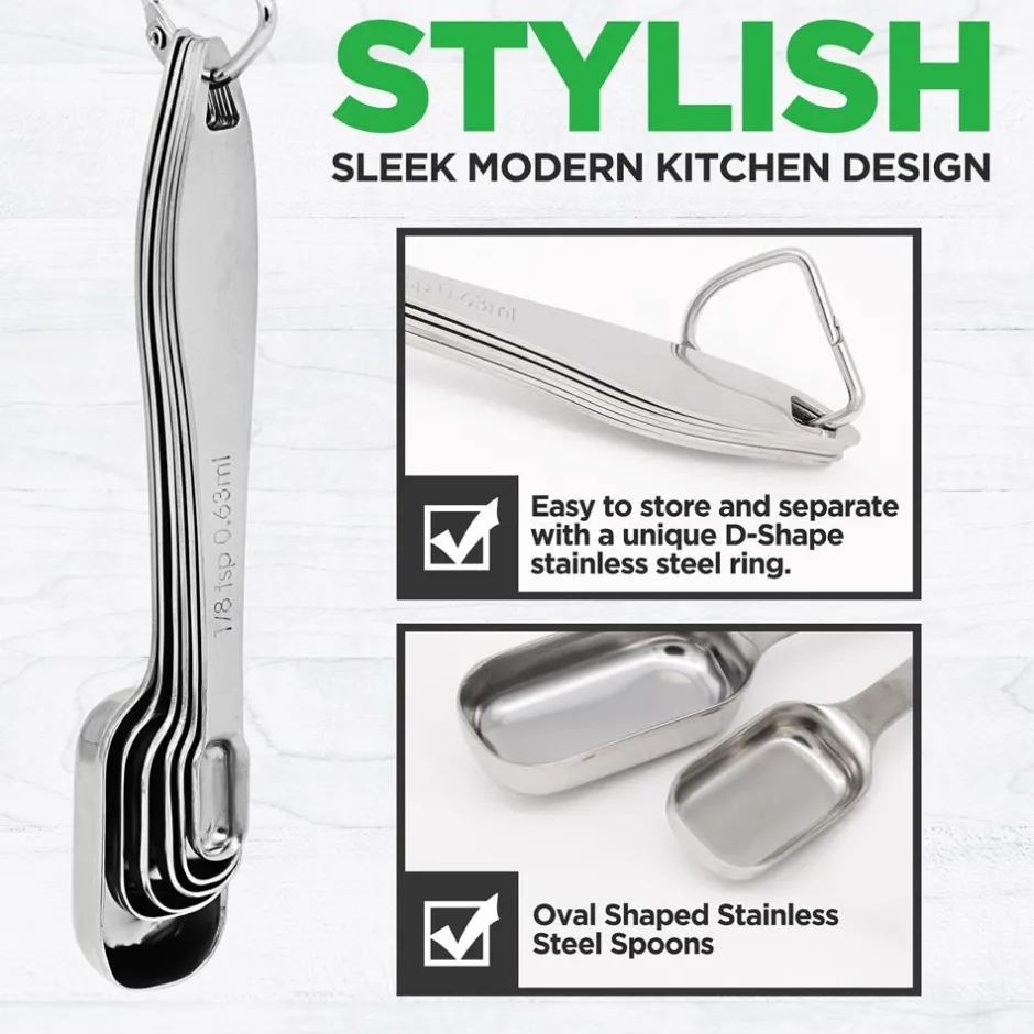 Stainless Steel Measuring Spoons Set 6Pc - Precise, Easy-Clean, Oval Shape<NutriChef Outlet