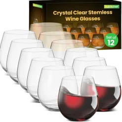 Stemless Wine Glasses Set of 12, Ultra Thin Crystal, Clear, 15 Oz<NutriChef