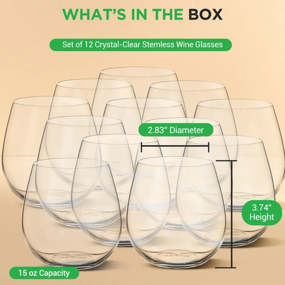 Stemless Wine Glasses Set of 12, Ultra Thin Crystal, Clear, 15 Oz<NutriChef