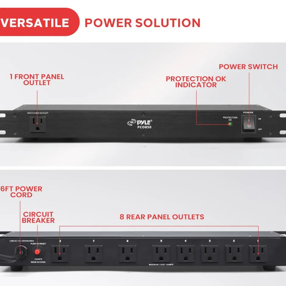 Surge Protector Power Strip 9 Outlets 15A Rack Mount AC Filter<Pyle Hot