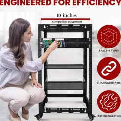 20U Open Frame Server Rack - Easy Mobility, Heavy-Duty Steel, Black<Pyle Discount