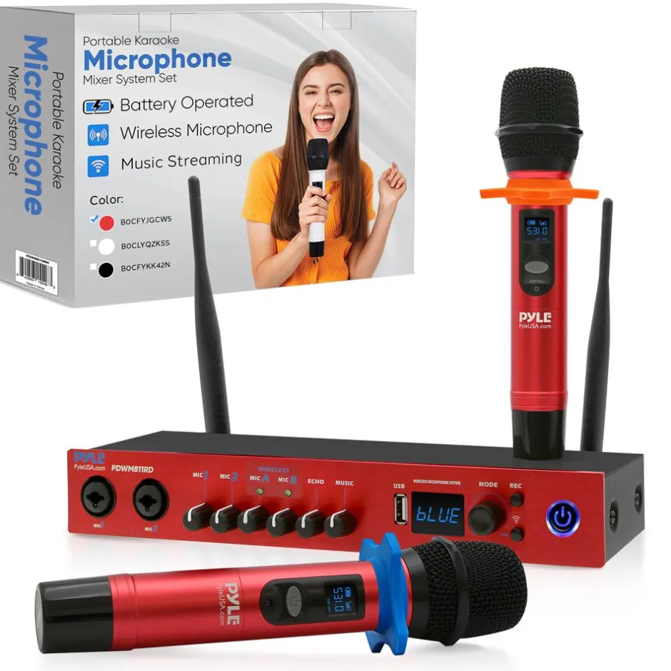 UHF Wireless Microphone System 165ft Range Bluetooth Red<Pyle New