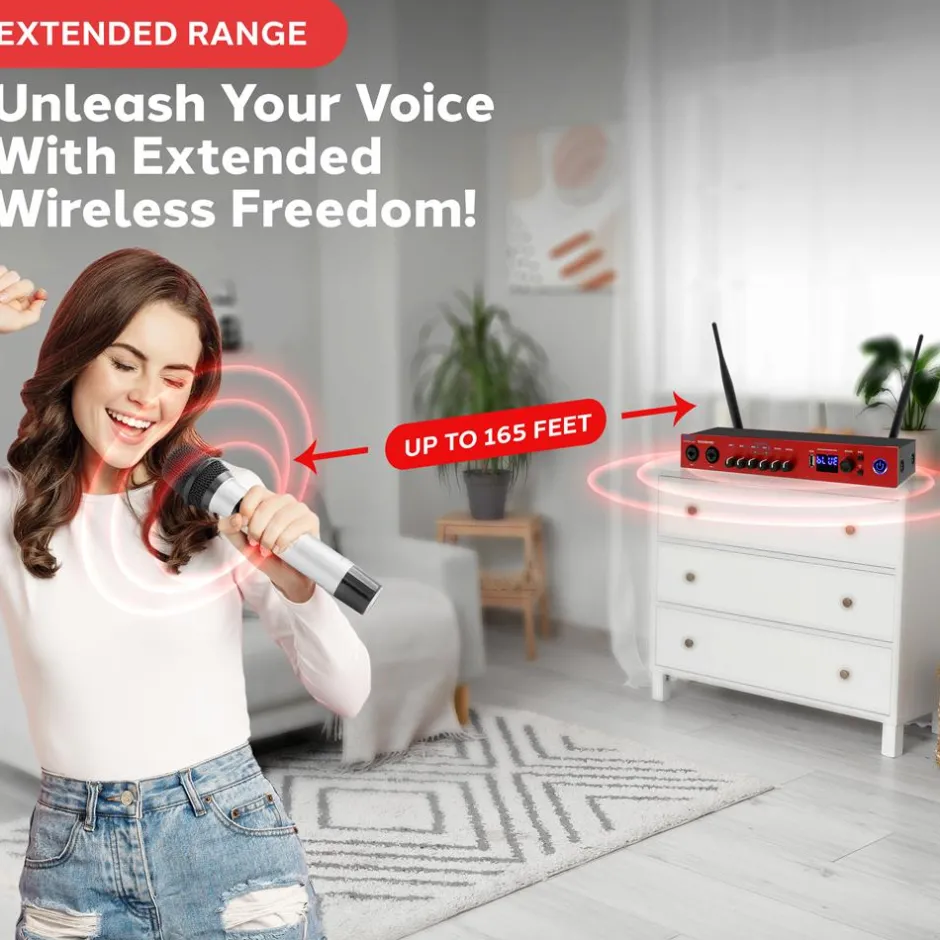 UHF Wireless Microphone System 165ft Range Bluetooth Red<Pyle New