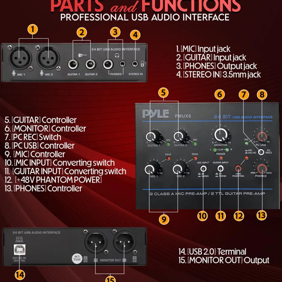 USB Audio Interface - Pristine Recording - Ultralow Noise - Compact Design<Pyle Online