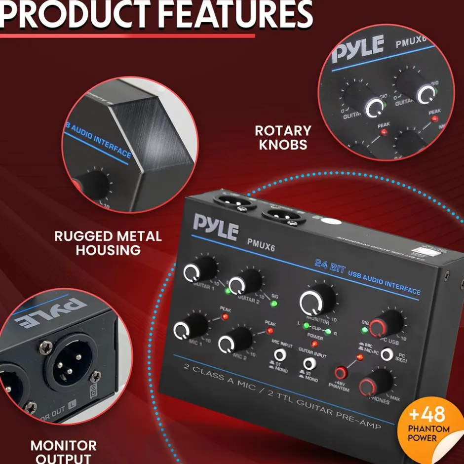 USB Audio Interface - Pristine Recording - Ultralow Noise - Compact Design<Pyle Online