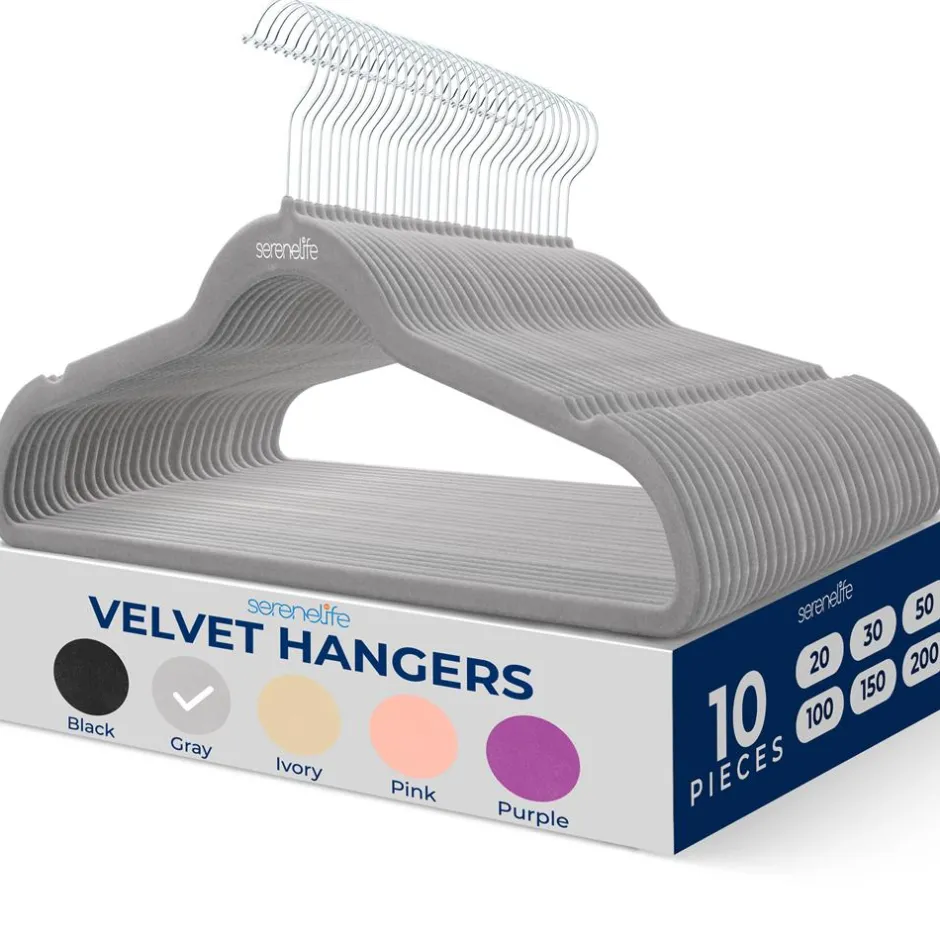 Velvet Hangers 10 Pack - Non-Slip, Space-Saving, 360° Swivel Hook, Grey<SereneLife Sale
