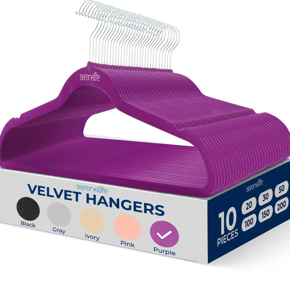 Velvet Hangers 10-Pack, Non-Slip, 360° Swivel Hook, Space-Saving, Purple<SereneLife Sale