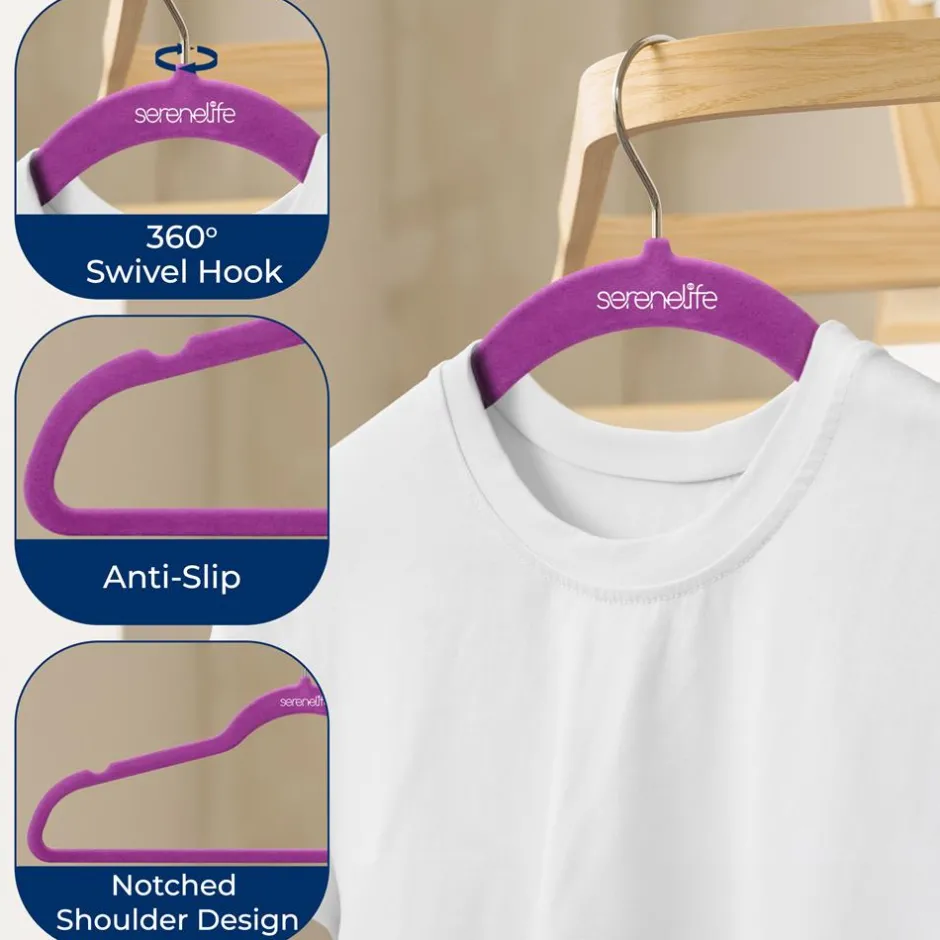Velvet Hangers 20-Pack, Non-Slip, Space-Saving, 360° Swivel Hook, Purple<SereneLife New