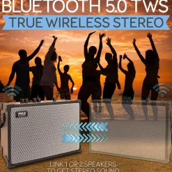 Vintage Bluetooth Speaker, 120W Bass, Rechargeable, Leather, TWS, FM Radio<Pyle