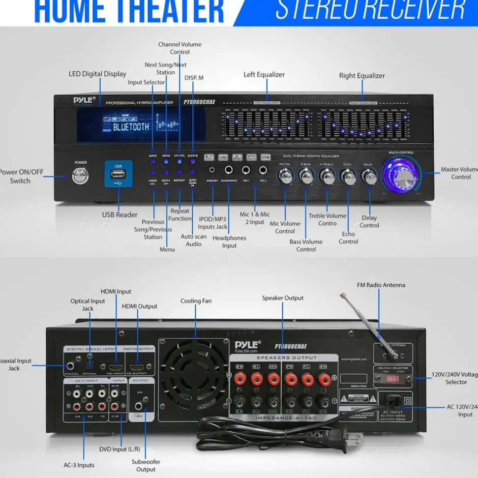 2000W Bluetooth 6-Channel Home Amplifier - Wireless Streaming, USB/AUX/RCA<Pyle Clearance