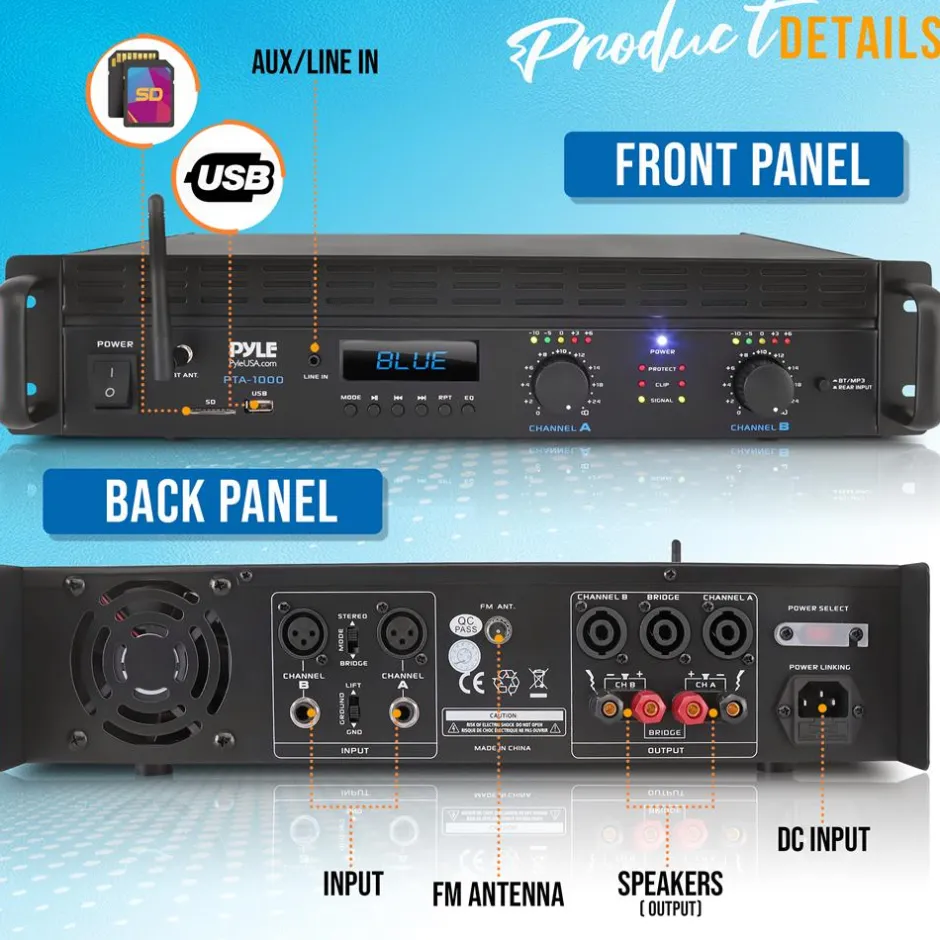 2000W Bluetooth Power Amplifier, Bridgeable, LCD Display, Rack-Mountable<Pyle