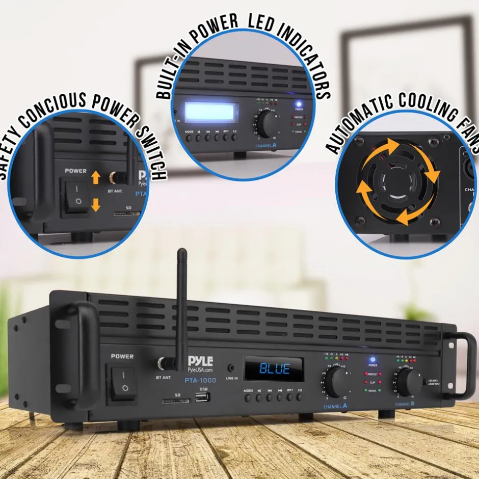 2000W Bluetooth Power Amplifier, Bridgeable, LCD Display, Rack-Mountable<Pyle
