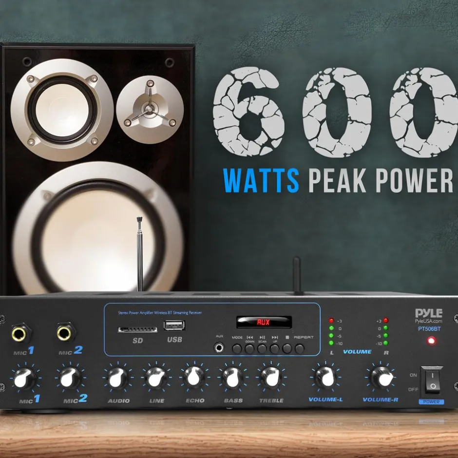 600W Bluetooth Stereo Amplifier - Wireless Streaming, FM Radio, Metal Housing<Pyle Outlet