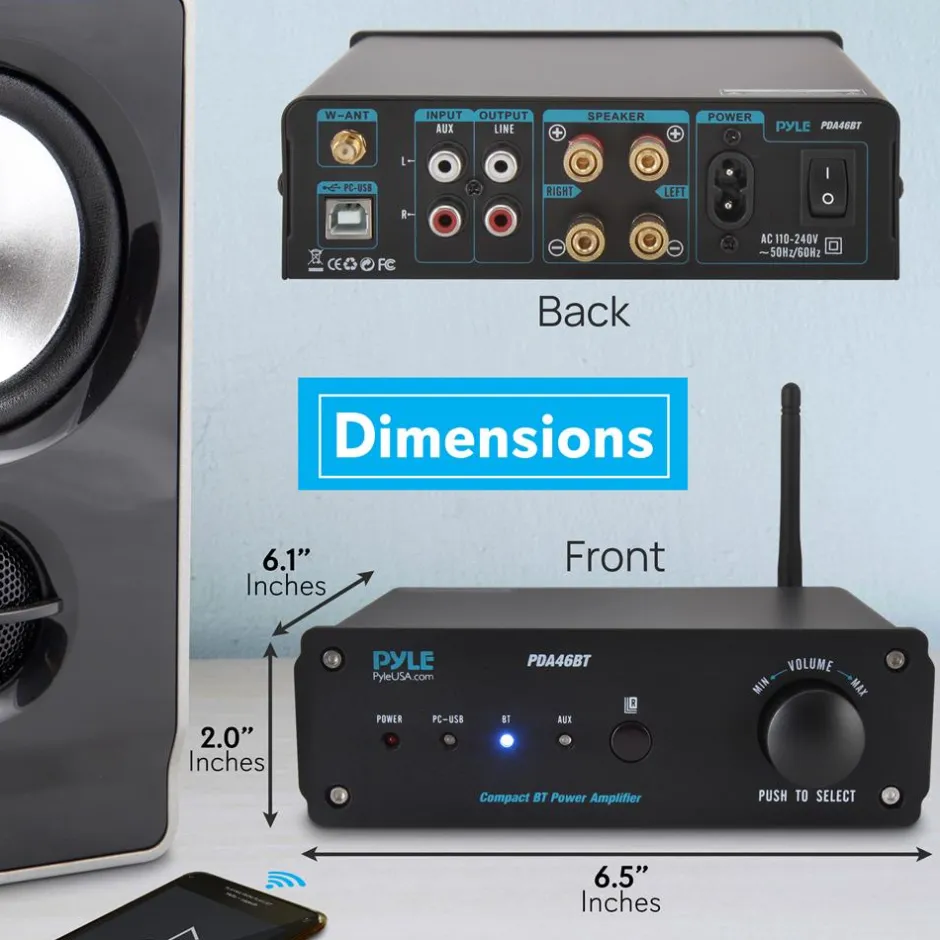 100W Bluetooth Stereo Amplifier - Hi-Fi Sound, USB Connection, Compact Design<Pyle New
