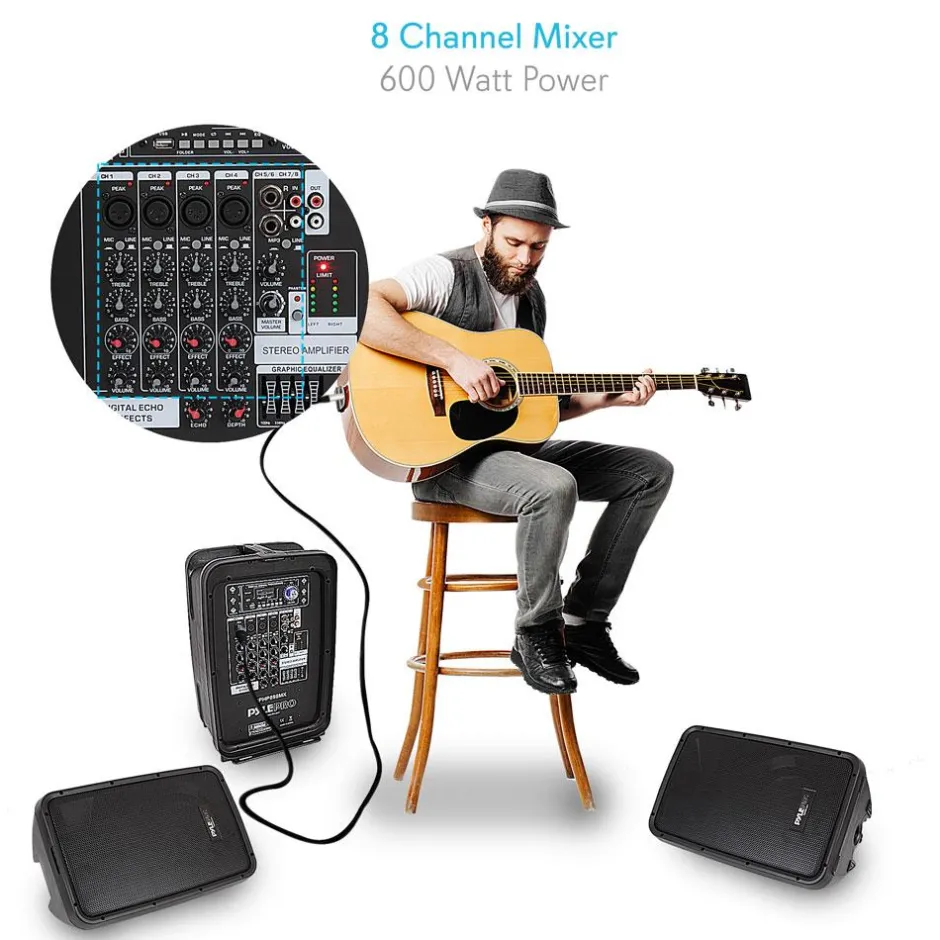 600W 8-Ch Bluetooth PA Speaker Kit, Dual 8" Subwoofers, USB/MP3 Reader<Pyle Hot