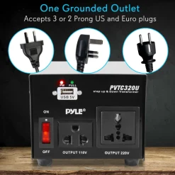 500W Voltage Converter Transformer, USB Port, Metal Housing, Compact<Pyle Clearance