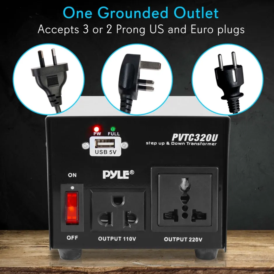 500W Voltage Converter Transformer, USB Port, Metal Housing, Compact<Pyle Clearance