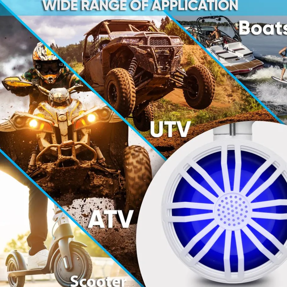 Waterproof Bluetooth Off-Road Speakers 40W Marine Woofer RGB Lights White<Pyle Best