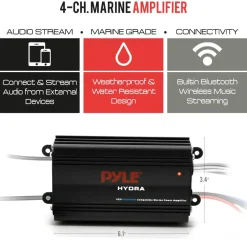 Waterproof 4-Channel Bluetooth Marine Amplifier Kit<Pyle New