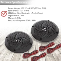 Waterproof Marine Speakers 100W LED Lights Low-Profile Slim Style<Pyle New