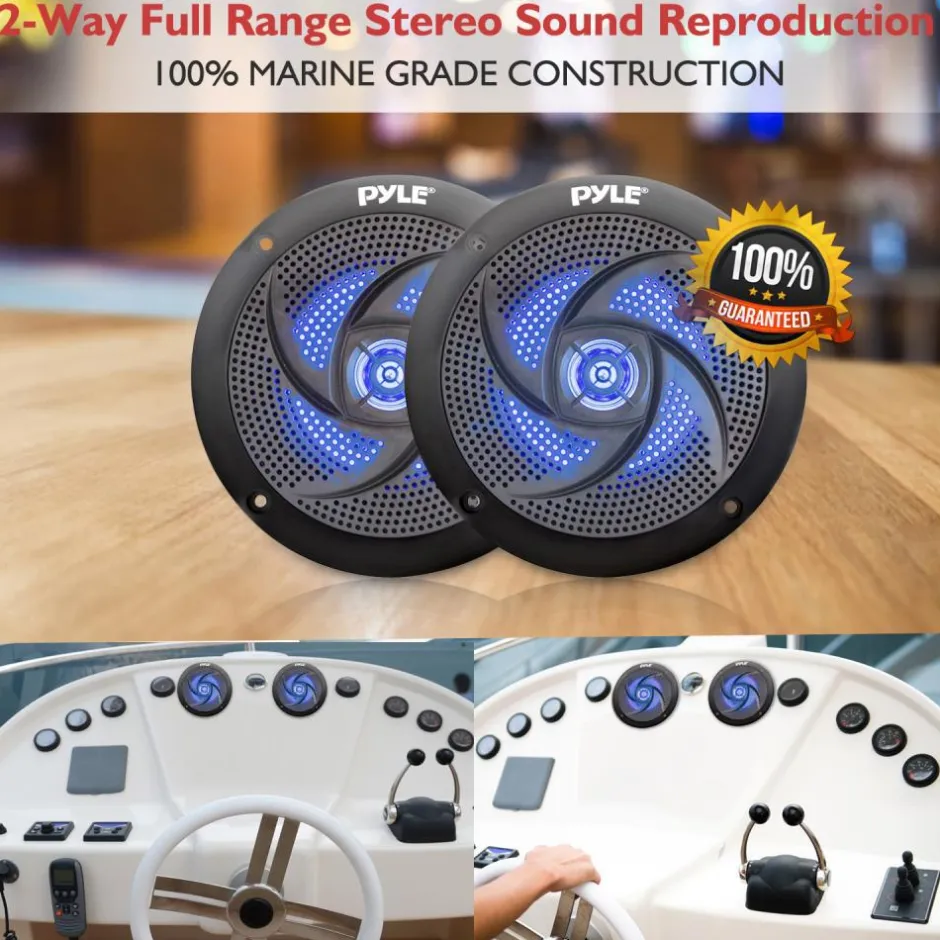 Waterproof Marine Speakers 100W LED Lights Low-Profile Slim Style<Pyle New