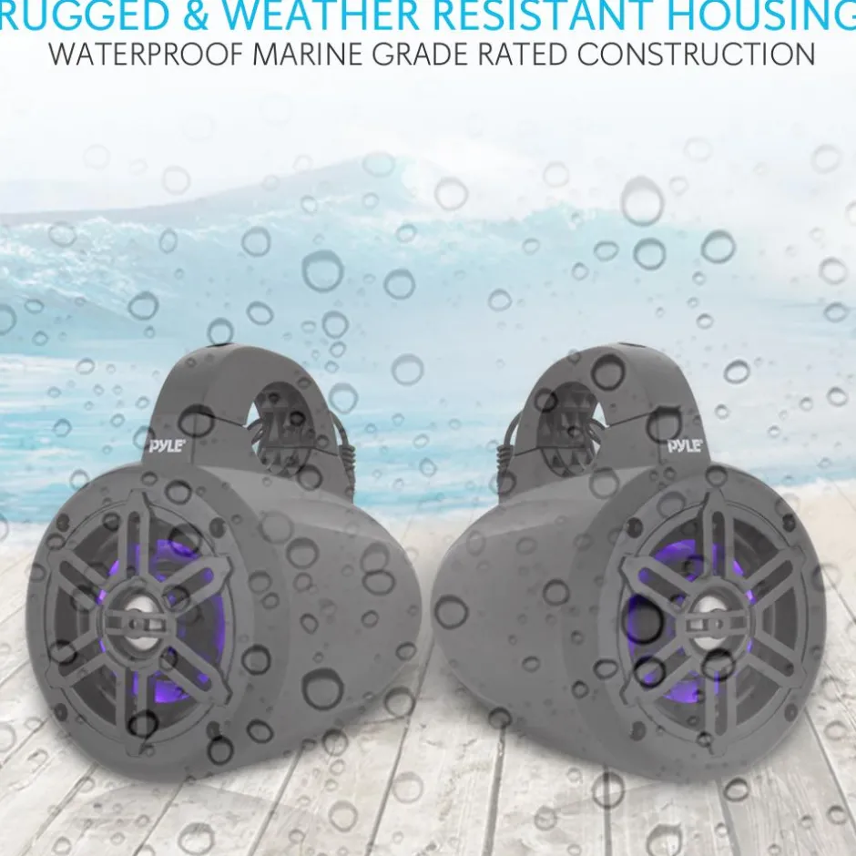 Waterproof Marine Speakers 300W Bluetooth LED Lights White<Pyle Sale