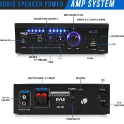 Wireless Bluetooth Stereo Amplifier 240W Blue LED Display USB/SD/FM<Pyle Clearance