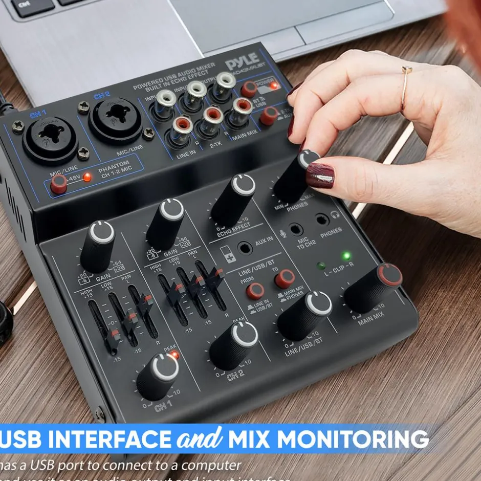 Wireless 4-Channel Audio Mixer - Bluetooth, USB Interface, Echo Effect<Pyle