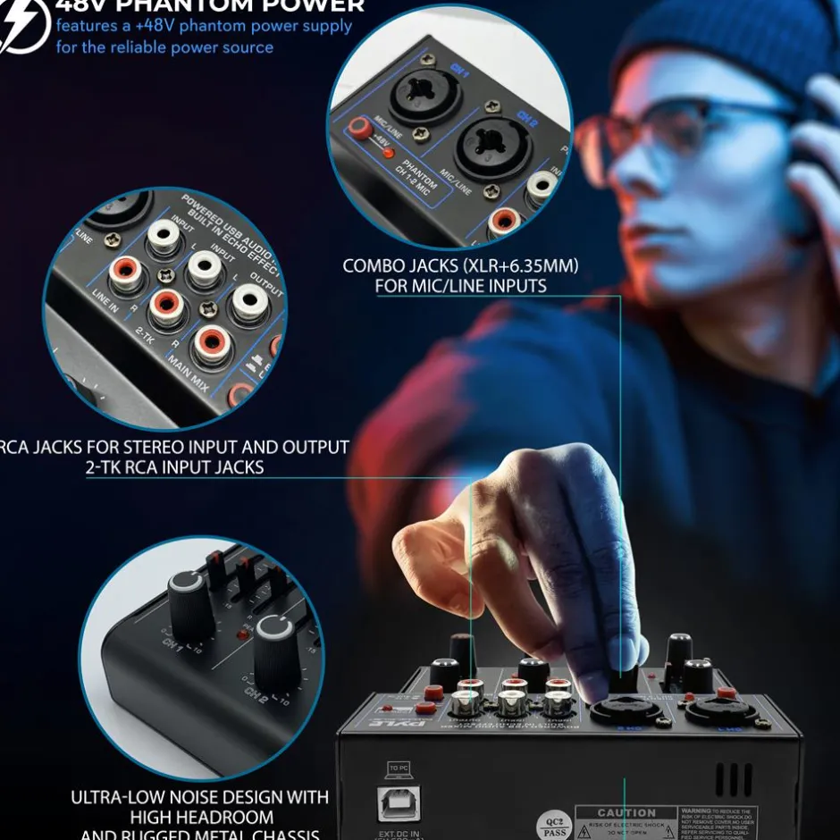 Wireless 4-Channel Audio Mixer - Bluetooth, USB Interface, Echo Effect<Pyle