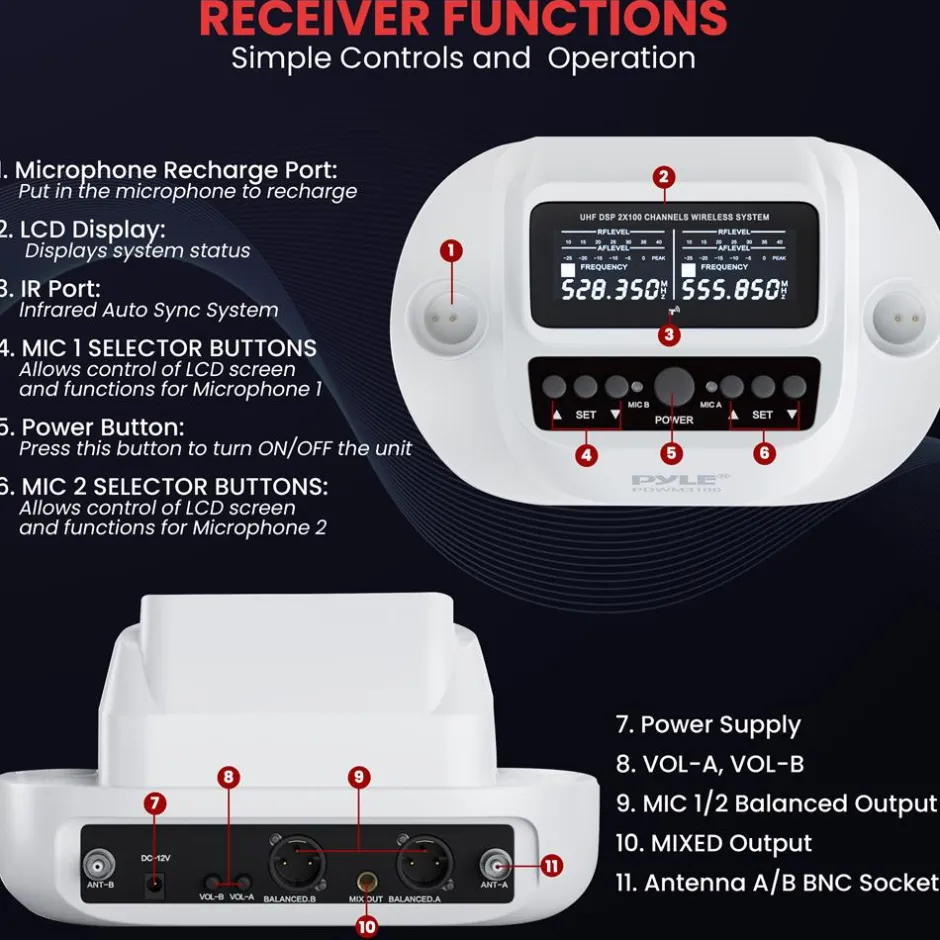Wireless Mic System 160ft Range Rechargeable UHF Receiver 100 Channels<Pyle Clearance