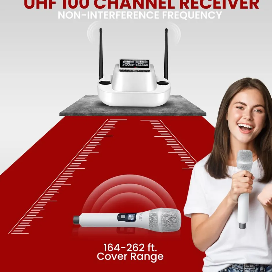Wireless Mic System 160ft Range Rechargeable UHF Receiver 100 Channels<Pyle Clearance