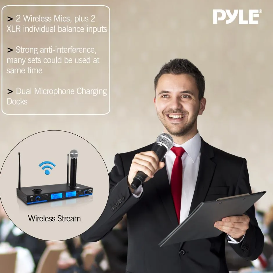 Wireless Microphone System 175' Range Dual Rechargeable Mics LCD Display<Pyle Clearance