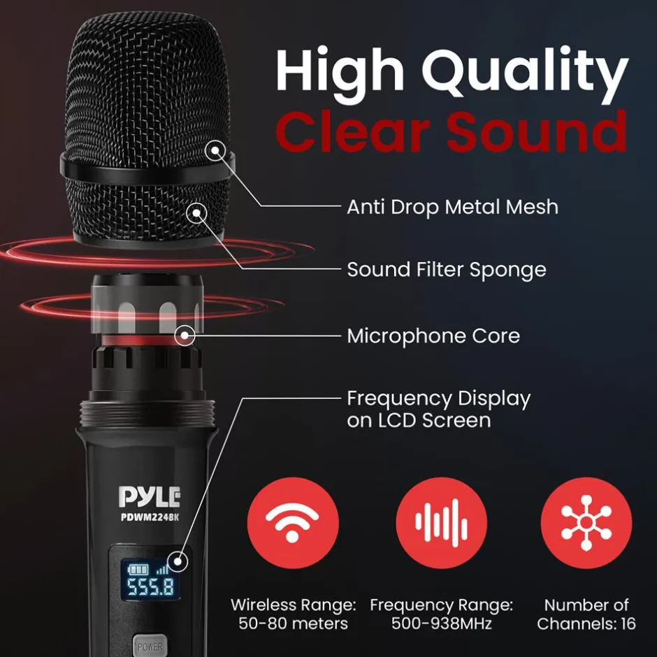 Wireless Microphone System 4-Channel UHF Low Distortion Quad Set<Pyle Best