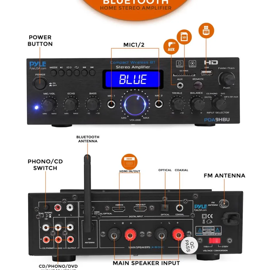 Wireless Stereo Amplifier 200W Bluetooth HDMI/FM Radio LCD Display<Pyle Online