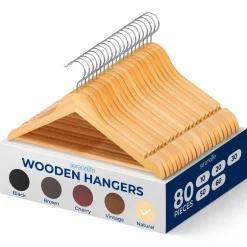Wooden Hangers 80-Pack, Heavy Duty, 360¬∞ Swivel Hook, Natural Wood<SereneLife New